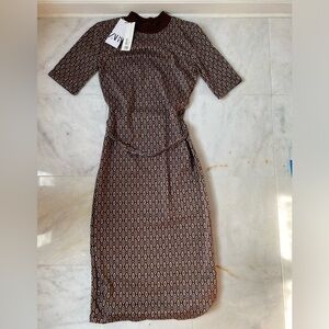 Zara Brown/Gray/Blue Jacquard Midi Dress - Size Small